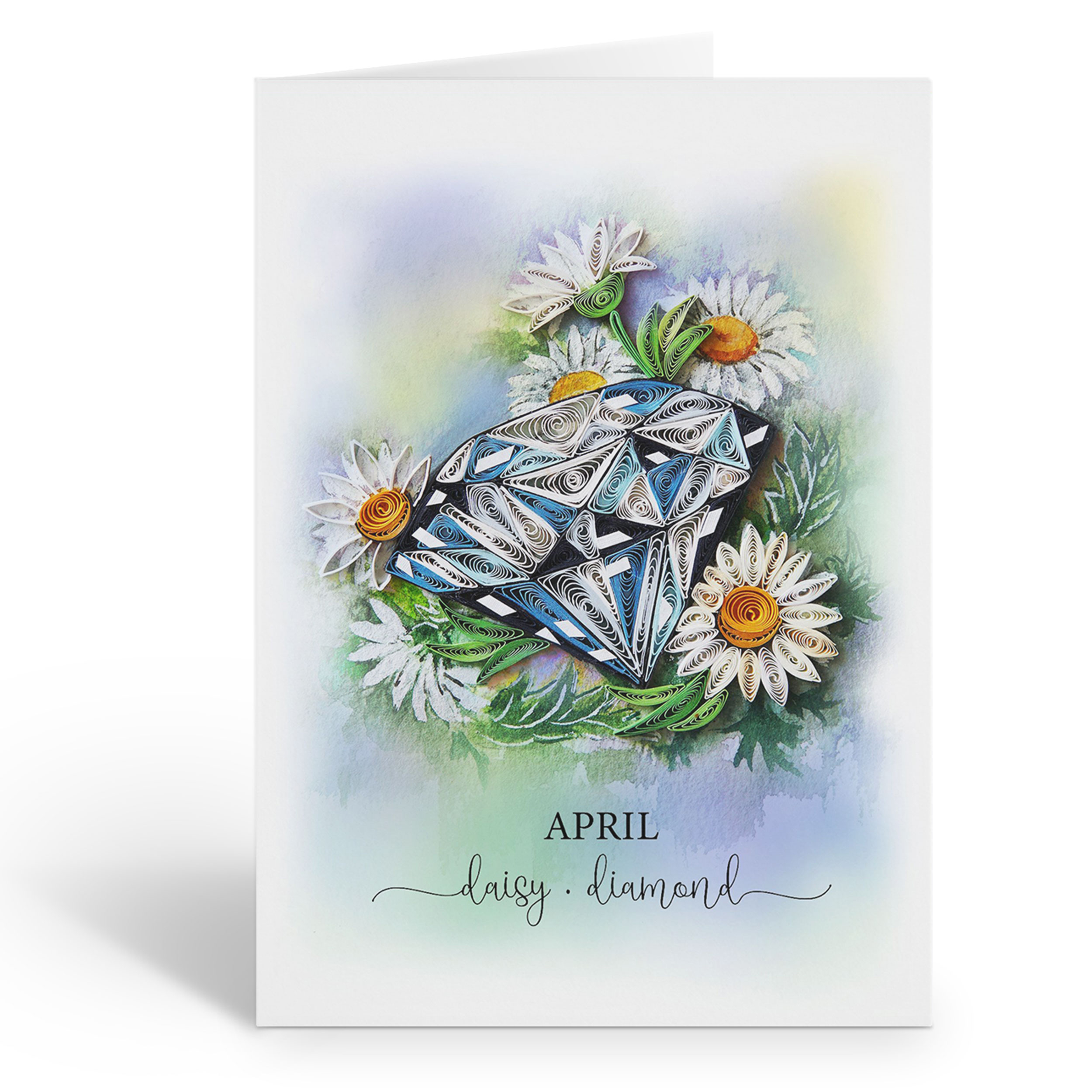 APRIL BIRTH FLOWER DAISY AND BIRTH STONE DIAMOND CARD